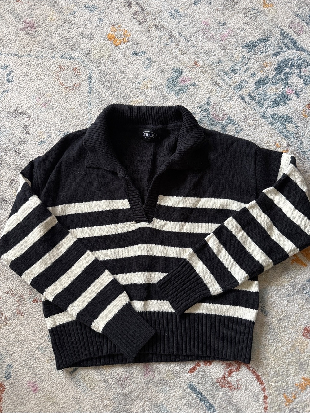 Cider Black & White Striped V-Neck Collared Sweater